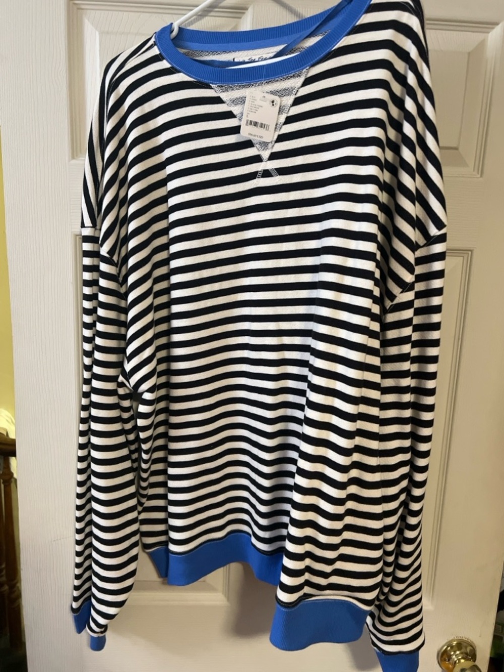 Free People Black White Striped Sweatshirt Blue Trim Long Sleeve Size Large NWT